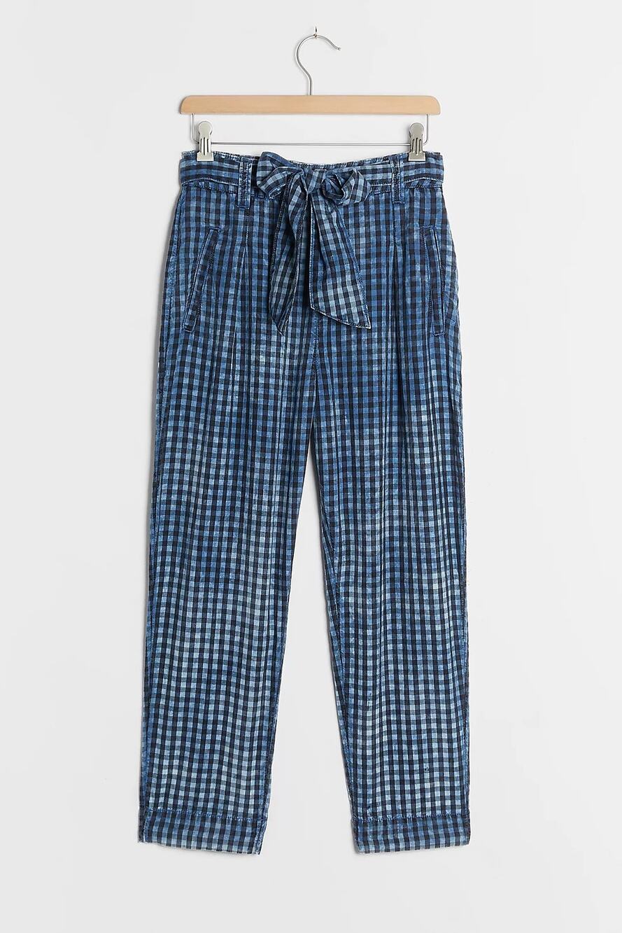 Anthropologie Maeve Blue Gingham Avryl Beached Slim Pants Size 2 Edgy Funky Fun